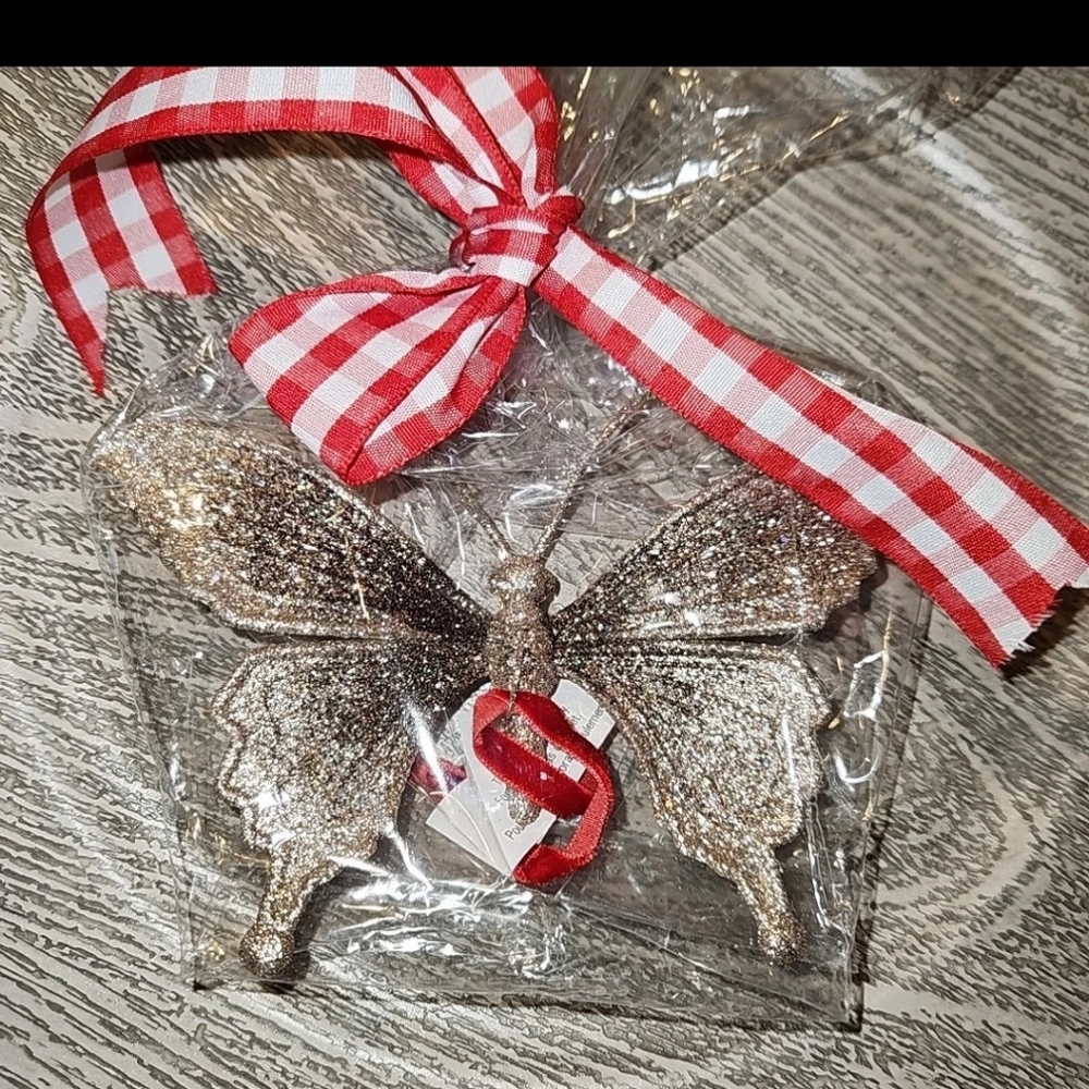 Pottery Barn Kids gold Butterfly Christmas Ornament Velvet Tie 3-D